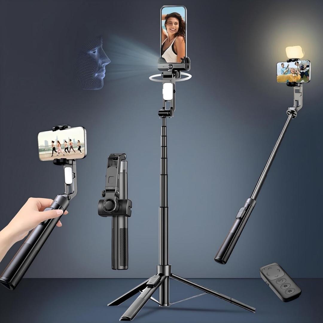 71" Selfie Stick Tripod for iPhone/Android, Auto Face Tracking Tripods with Light, Upgrade Strong Gimbal Stabilizer 360 Rotation with Remote for Content Creator Vlog Live StreamIing Video Record