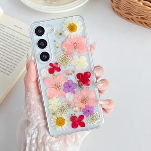 XIZYO for Samsung Galaxy S23 Plus Case Cute Floral Clear Daisy Pattern Aesthetic Dried Flowers Women Girls Glitter Slim TPU Bumper Shockproof Protective Case for S23 Plus, Pink Purple Flower