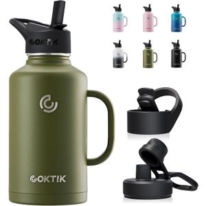 COKTIK 64 oz/Half Gallon Insulated Water Bottle Jug with Straw and Handle, Double Walled Stainless Steel Metal Sports Metal Water Flask with Reusable 3 Lids Camping, Fitness or Office(Army Green) (64 Ounces)
