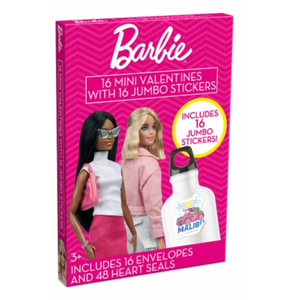 Barbie 16 Mini Valentines with 16 Jumbo Stickers. Pack of 3