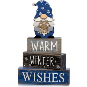 4 Pcs Winter Table Decorations Wooden Gnome Decor Winter Tiered Tray Decor Christmas Centerpiece Rustic Decorative Gnome Snowflake Block Sign Gift Farmhouse Xmas Signs for Home Kitchen