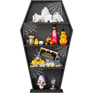 Halloween Goth Coffin Bookshelf 48''H - Wood Tall Coffin Shelf with Spider Web Gothic Decor, Black Spooky Curio Shelf for Home Decor, 48’‘H Coffin Bookcase