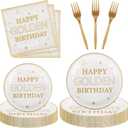 50 Pieces Happy Golden Birthday Party Disposable Paper Plates,8 inches White Gold Plates for Golden Birthday Party Decorations 50 Forks Include