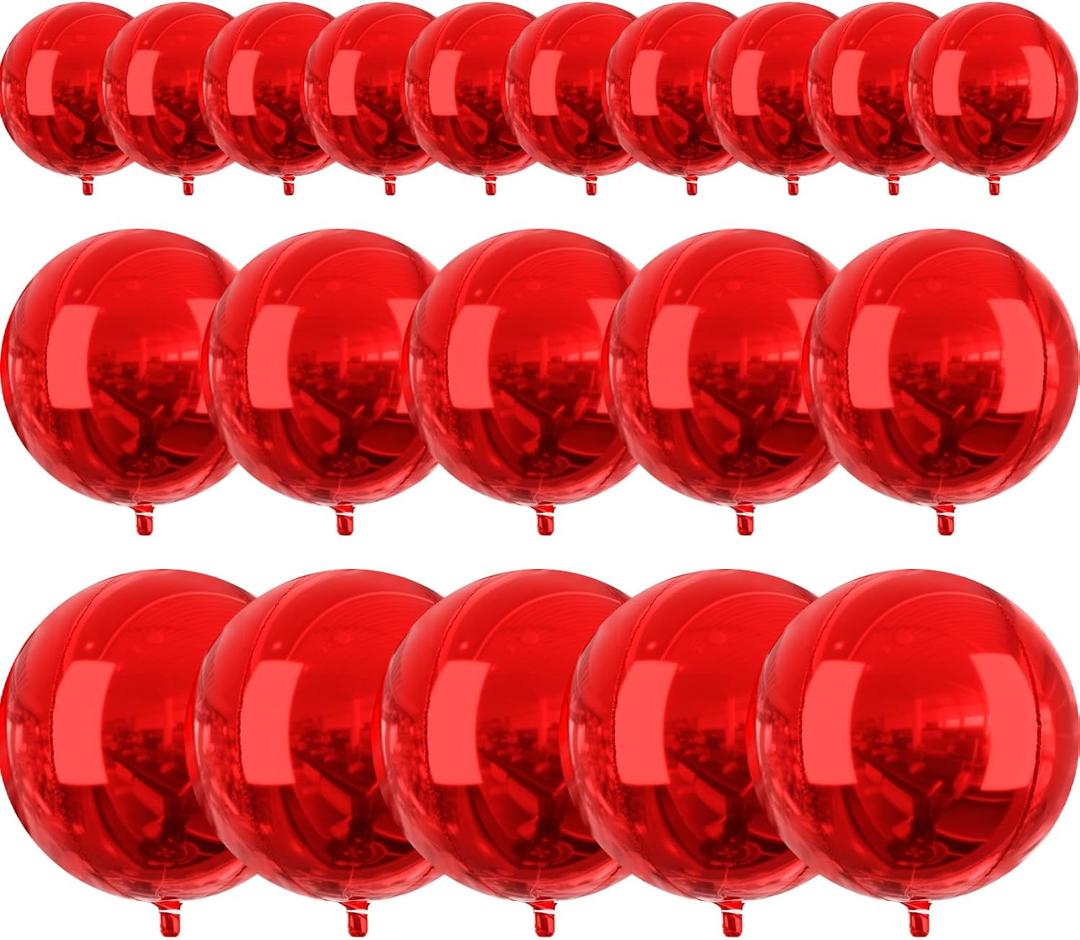 PartyWoo Red Foil Balloons, 20 pcs Round Foil Balloons Different Sizes Pack of 22 Inch 15 Inch 10 Inch 4D Foil Balloons and Ribbon, Large Foil Balloons for Birthday Decorations, Party Decorations