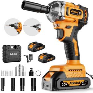 Brushless Impact Wrench 3-in-1 500N.m(369Ft-lbs) Torque Wrench 1/2 Drive with 2x2.0Ah Batteries, 8 Drill Bits, 6 Screwdriver Bits, 4 Sockets, Cordless Impact Gun for automotive Repair and DIY