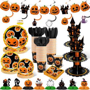 257 Pcs Halloween Party Decorations Include Disposable Paper Party Plates and Cups and Napkins Set Saucer Cupcake Stand Centerpiece Bunting Banner Halloween Tableware Birthday Decoration