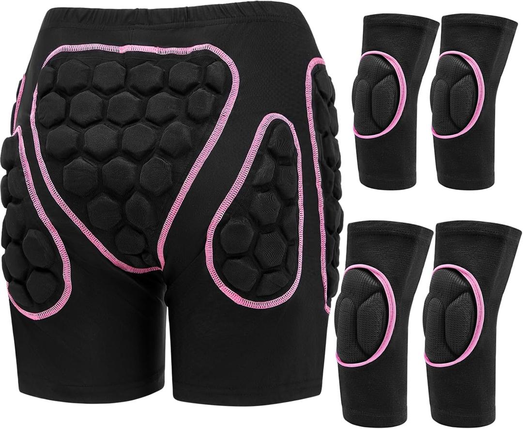 Lewtemi 3 Set Protective 3D Padded Hip EVA Short Pants Knee Pads Elbow Set Winter Protection Hip Pads Thick Non Slip Knee Sleeve Elbow Guard for Men Women Kid Ski Ice Skating (Large, Black01)