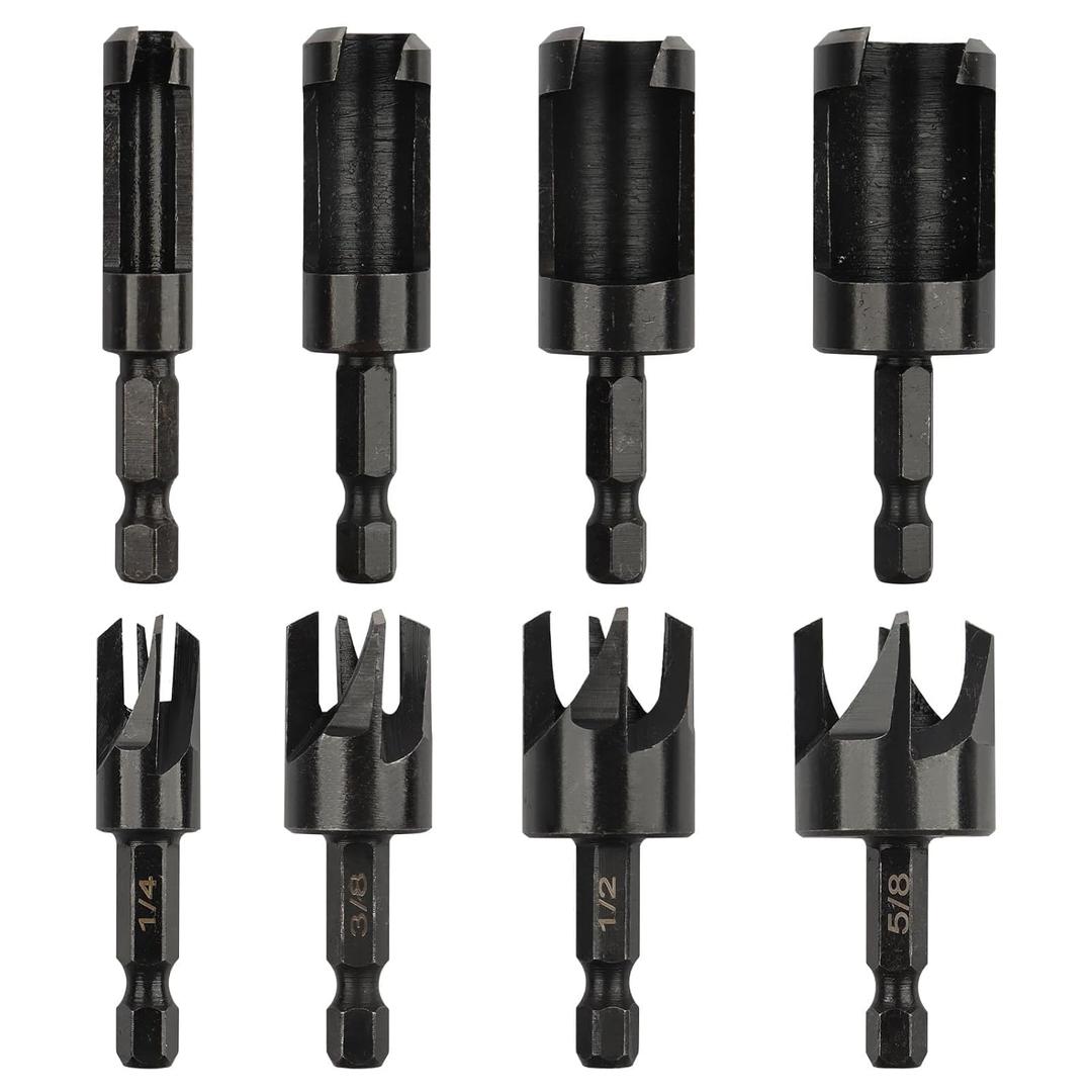 Rocaris 8 Pack Wood Plug Cutter Drill Bit Set, Straight and Tapered Taper Cutting Tool 1/ 4", 5/ 8", 3/ 8", 1/ 2", 1/ 4 Inch Hex Shank, Black