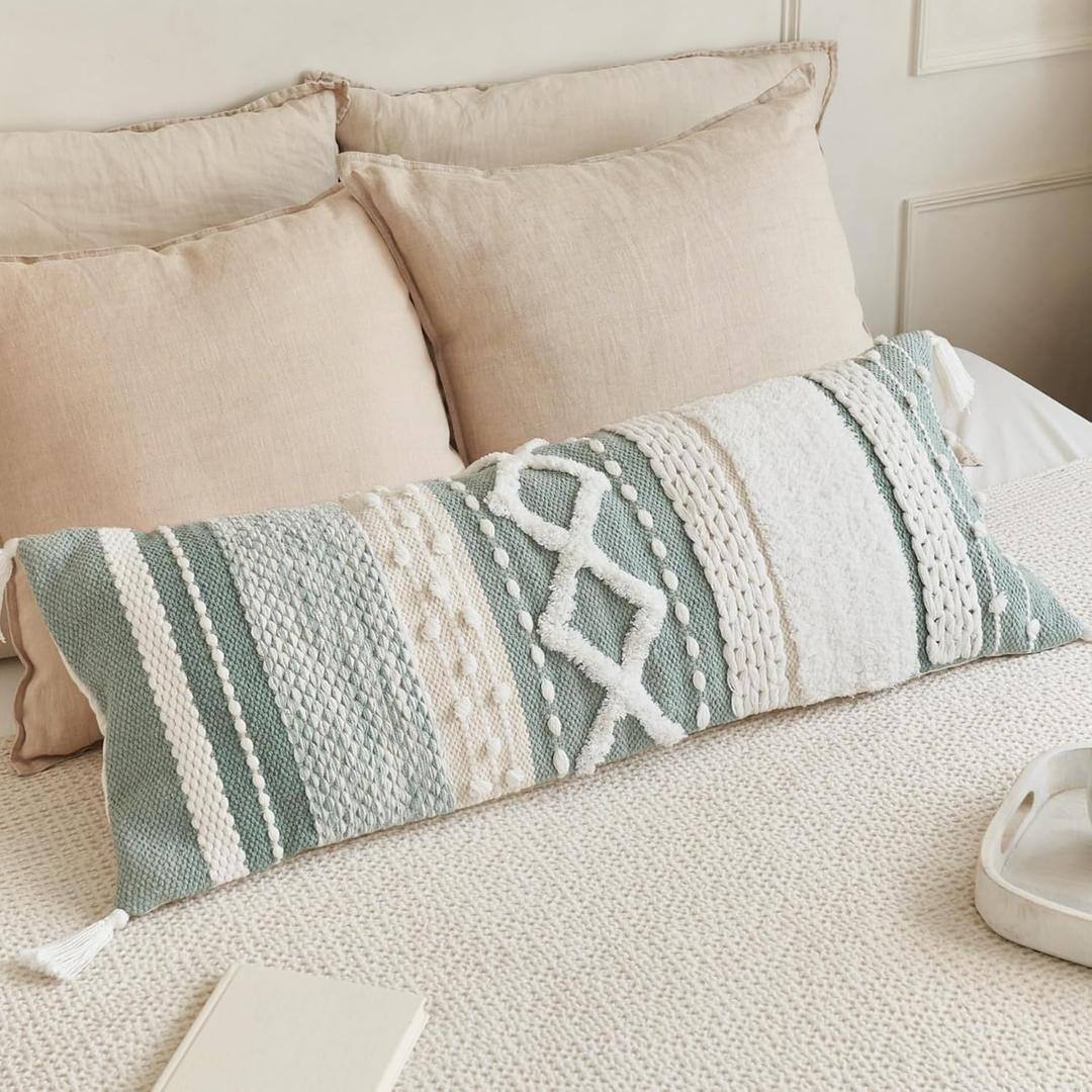 Decorative Boho Lumbar Pillow Cover 14x36 Beautiful Throw Pillow with Soft Texture for Bed, Couch Decor or as Body Cushion A Stylish Addition to Your Bedroom, Sage