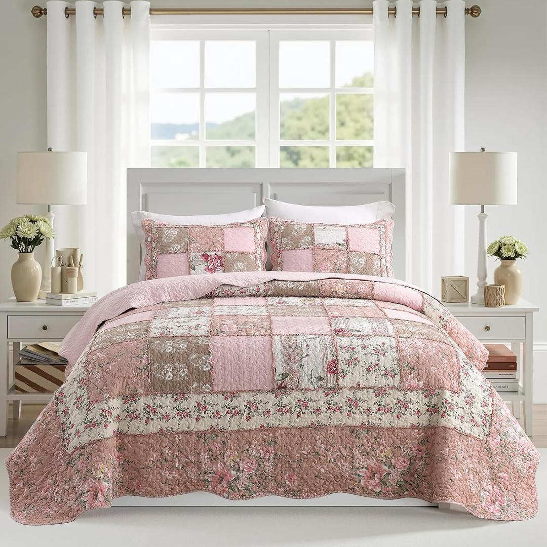 NEWLAKE Quilt Set Queen Size, Cotton Patchwork Pink Floral Quilt Sets, Real Stitched Embroidery Bedspread Lightweight and Breathable for All Seasons, Soft Quilted with 2 Pillow Shams