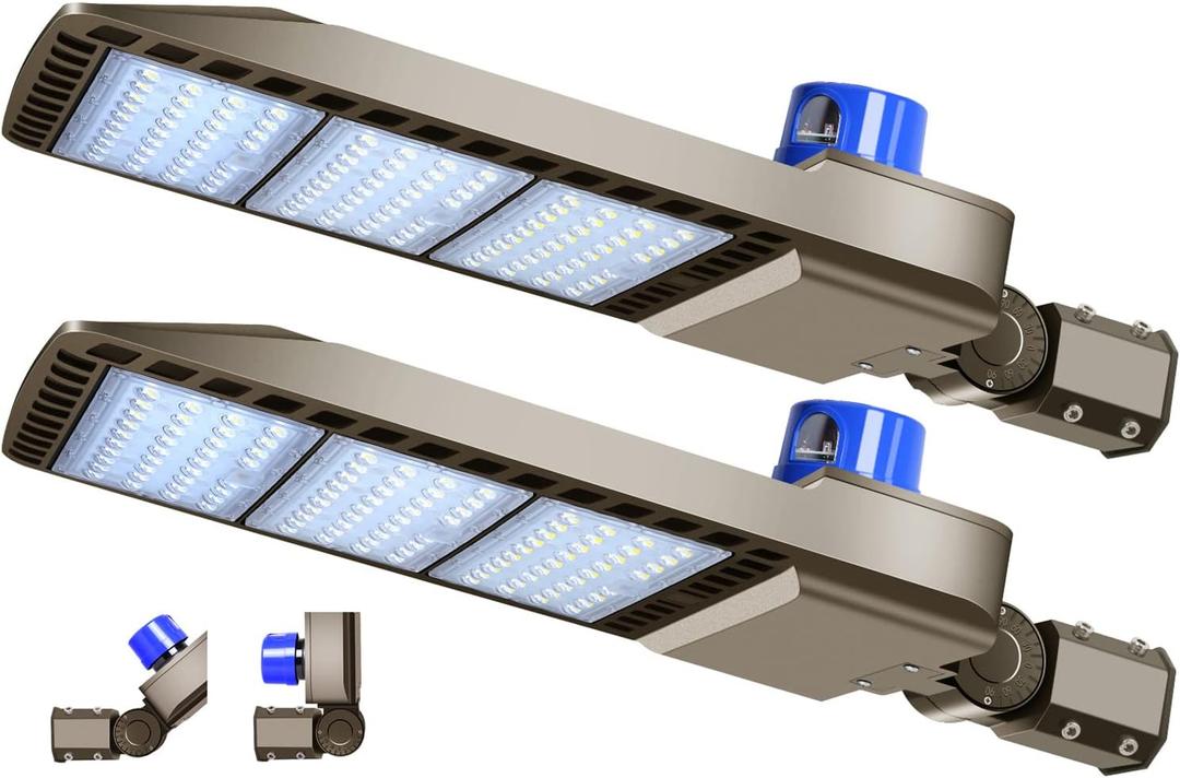 ledmo 300W LED Parking Lot Light 36000LM 5000K Adjustable Slip Fit Mount Security Lighting with Dusk-to-Dawn Photocell IP65 Waterproof LED Stadium Flood Light for Garage, Yard, Street 2 Pack, 300W/Slip Fit/2PC