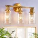 DLLT 3-Light Bathroom Light Fixtures: Gold Modern Vanity Wall Lights with E26 Bulbs - Bubbled Glass Shade Bathroom Wall Lamp for Mirror Kitchen Living Room Hallway Cabinet Porch