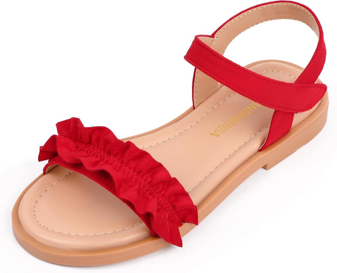 PANDANINJIA Toddler Sandals, Summer Open Toe Girls Flats, Flower Sandals Dress Shoes, Sandals for Girls Kids (Red, 1 Little Kid)