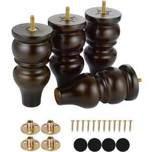 Maricome 6 Inch Replacement Furniture Legs Pre-drilled M8 Bolt Bun Feet Set of 4 Wood Legs for Sofa Couch Cabinet Mid Century High Polish Finish, 6 Inch Espresso