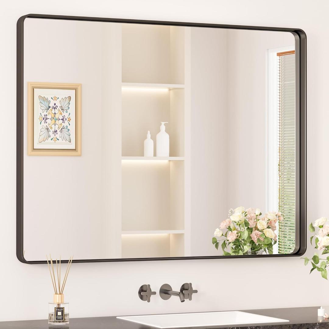 Keonjinn Black Framed Mirror for Bathroom 40 x 30 Inch Rounded Rectangle Wall Mirror, Matte Black Vanity Mirror for Over Sink, Tempered Glass Farmhouse Mirrors Seamless Metal Frame