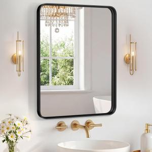 Sweetcrispy Bathroom Mirror 20x16 Inch Metal Framed Rounded Rectangle Vanity Mirror for Wall, Over Sink, Farmhouse, Restroom, Anti-Rust, Modern Decorative, Horizontal or Vertical Hanging, Black