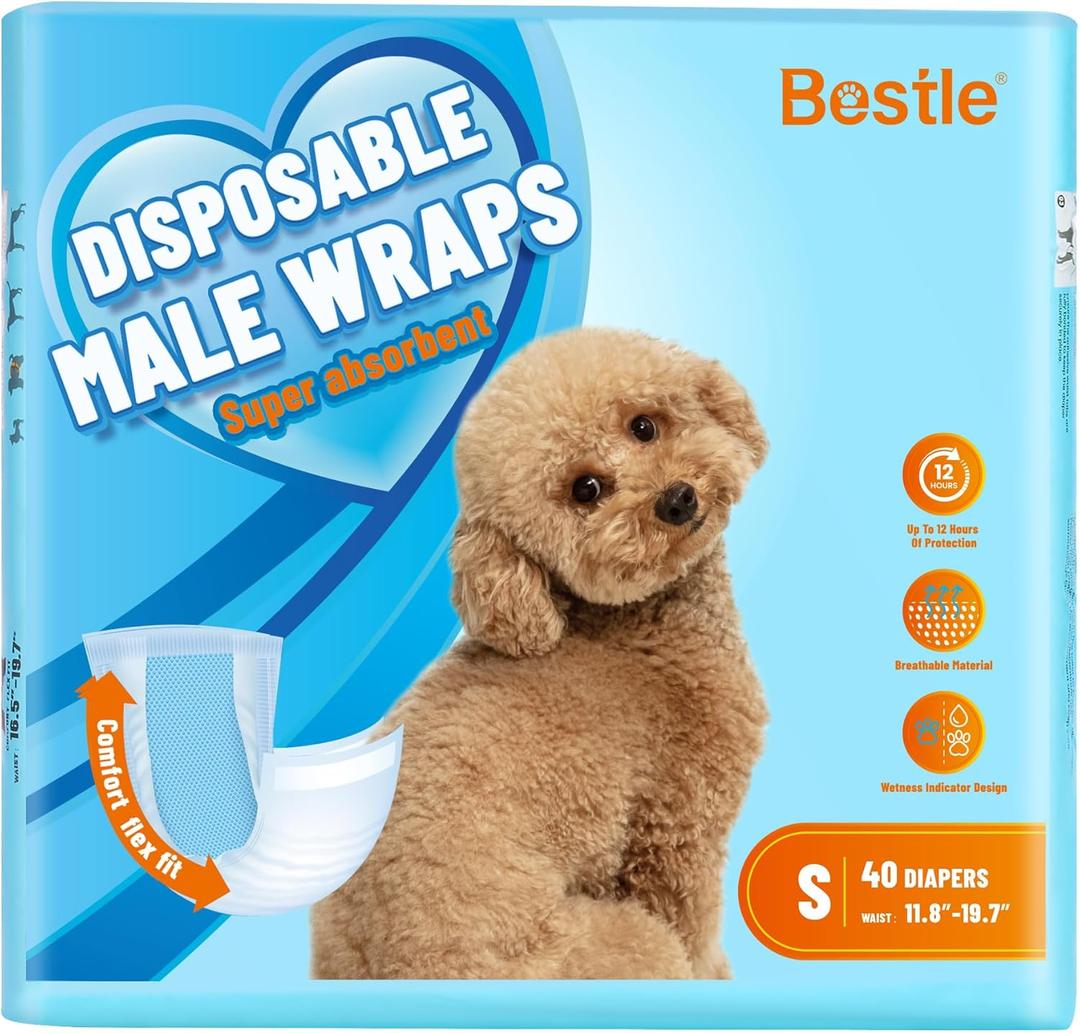 Bestle Male Dog Wrap, Disposable Dog Diapers, 40 Count, S (Waist 16.5-19.7), Wetness Indicator, Ultra Protection, Leak Proof, Super Absorbent, Soft