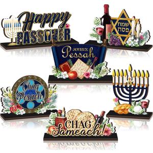 CroBlissful 6 Pcs Passover Table Decorations Signs Wooden Chag Sameach Tabletop Centerpiece Holiday Tiered Tray Table Toppers for Pesach Seder Jewish Home Office Desk Decor Party Supplies