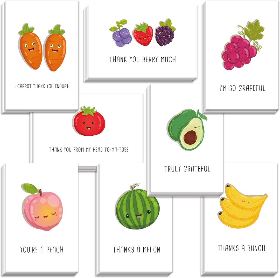 48 Fruit Pun Thank You Card Set, Funny Note Cards Pack with Envelopes, Fun Greeting Notecards Bulk, Cute Boxed Assortment Quip Cards for Gratitude, Recognition, Appreciation, 4 x 6 in