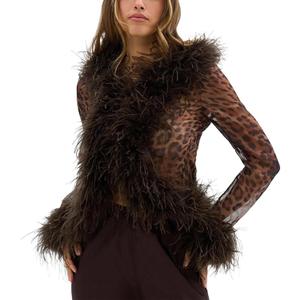 Mandonce Mesh Long Sleeve Tops Faux Fur Fuzzy Top Open Front Sexy Party Tops Going Out Y2k Shirts for Women (Small, Leopard)