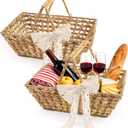 Wicker Picnic Basket with Handle, 15.7" Large Empty Picnic Basket with Wooden Base & Lace, Vintage Hand Woven Basket for Picnics, Camping, Veg Picking, Mother's Day, Thanksgiving (2 Pack)