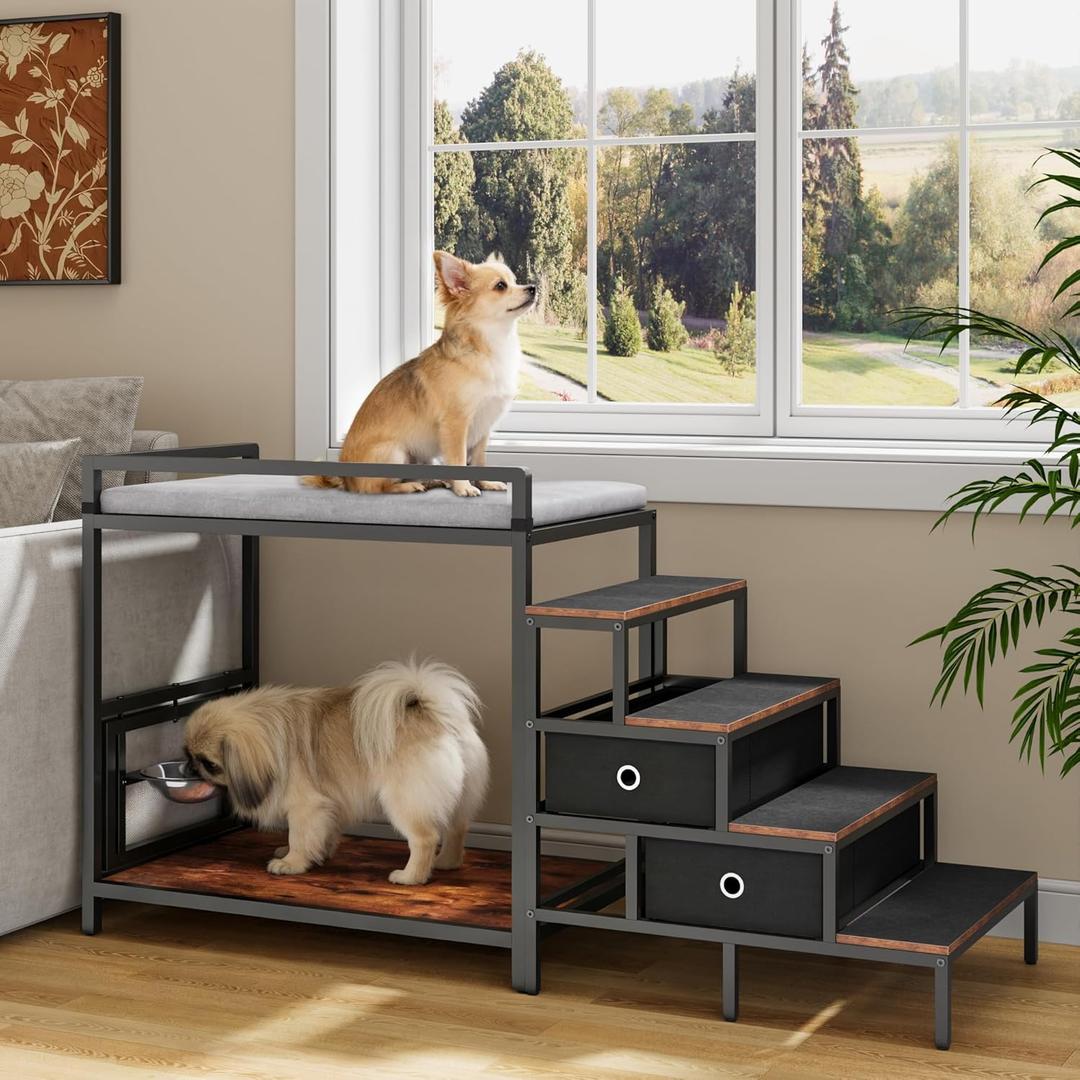Pet Window Perch with 360 & Adjustable Raised Feeder, Pet Bunk Bed with Stairs and Storage, Dog Beds Attachment to Human Bed, Bedside Dogs Cot for Small, Medium Cats & Dogs (Brown)