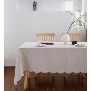 100% French Flax Linen Tablecloths Scalloped Embroidery Rectangle 132Lx60W Inch for Dinners, Parties, Spring, Machine Washable, 12-14 Sets, Linen(Edges-Gold)