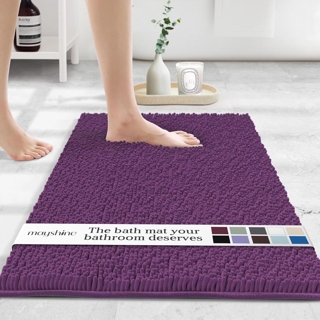 MAYSHINE Plush Shaggy Chenille Bath Mat | Extra Soft, Super Absorbent, Non-Slip Bathroom Rug | Fluffy Microfiber, Area Rug Sets for Bathroom Floor, Kitchen, Living Room | 39"x24" | Plum