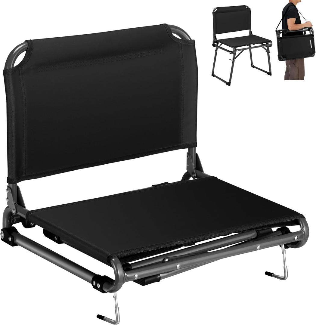 Stadium Seats with Back Support, 2 in 1 Folding Chairs with Shoulder Strap,Portable Bleacher Seats with Non-Slip Foot,Wide Stadium Chairs for Sports Events Outdoor Camping (Black)