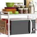 Extendable Microwave Oven Rack - Adjustable Kitchen counter shelf, 2 Tier Microwave Stand (L15.7~23.6" xW12.8 xH17.7) with 6 Hooks for Kitchen Countertop Organizer (White)