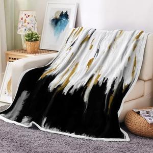 Uokiuki Abstract Ombre Throw Blankets, Modren Chic Art Oil Painting Cozy Warm Bed Couch Blanket, Black Gold White Fleece Flannel Throws to Decorate The Room and Bedroom 50x60