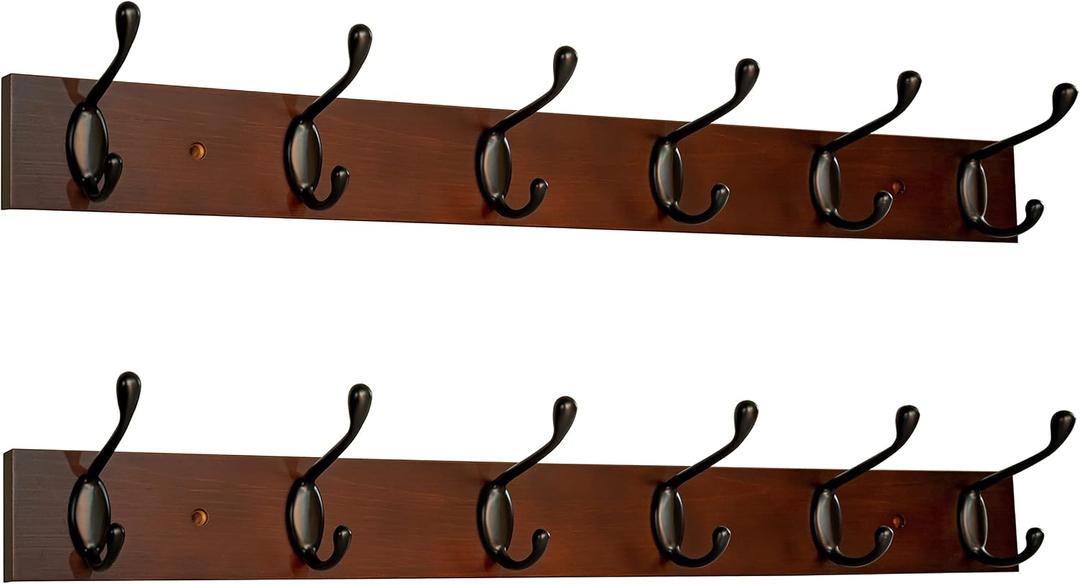 Coat Rack Wall Mount - 24 Inch with 6 Coat Hooks, Wall hat Hanger, Coat Racks, Walnut, Pack of 2