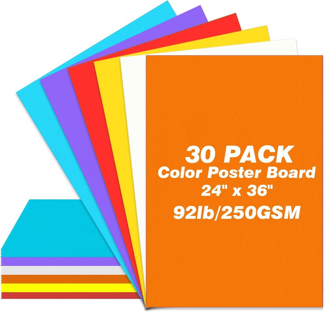 24 x 36 Large Poster Board, 30 Sheets Color Poster Boards, 6 Assorted Double-Sided Color Cardstock Paper, 92lb/250GSM Thickness Colored Poster Board Paper, for School Project, Crafts Etc