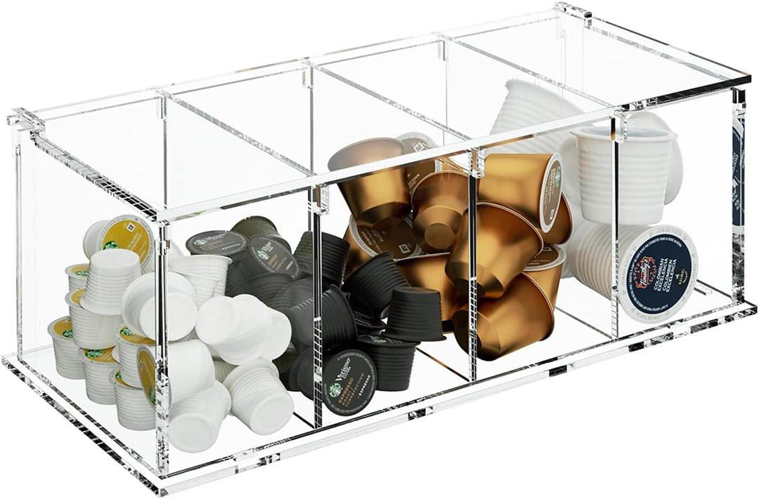 RR RAXMIN Coffee Capsule Holder Acrylic Box K Cup Holder Coffee Pod Storage Clear Acrylic 4 Compartment with Lid Organizer Coffee Bar Accessories