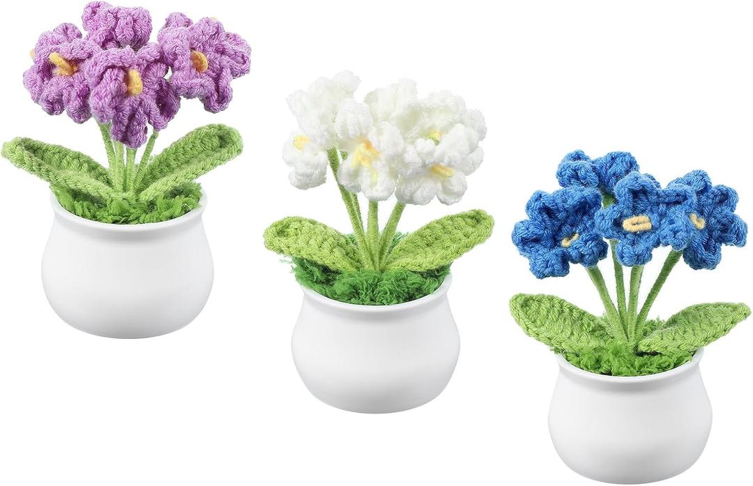 PATIKIL Crochet Flowers, 3 Pcs Knitting Crochet Flowers 6 Head Forget-Me-Nots Potted Plants Handmade Flowers Birthday Wedding Car Gift Home Decor, Purple/Blue