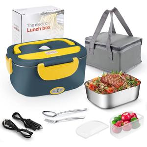 [ 2025 Upgrade]Electric Lunch Box 1.5L Food Heater, Portable 60W Food Warmer for Car and Home, with Detachable 304 Stainless Steel Container Fork and Spoon
