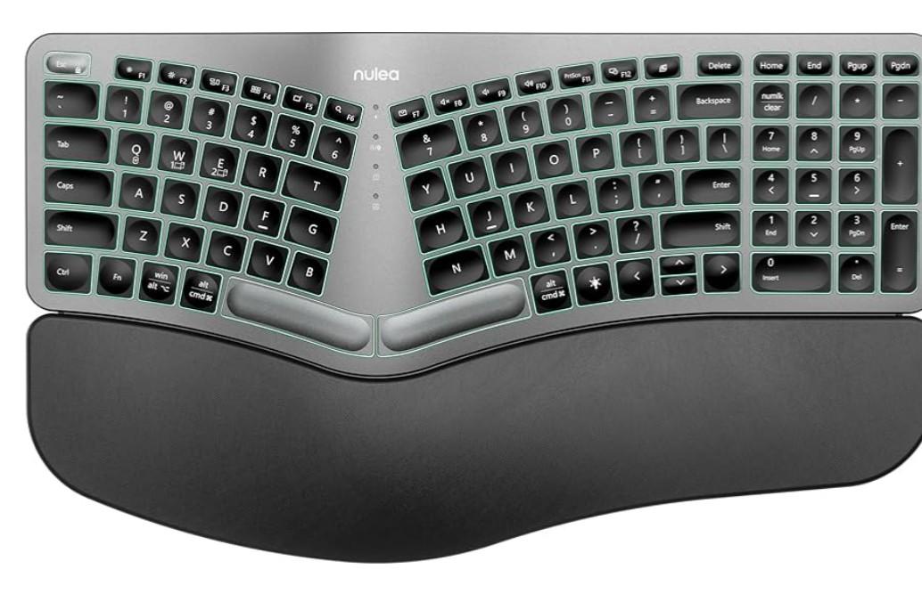 Nulea RT05 Wireless Ergonomic Keyboard, Split Keyboard with Wrist Rest, USB-C Charging, 7-Color Backlight, Natural Typing, Bluetooth and USB Connectivity, Compatible with Windows,Mac