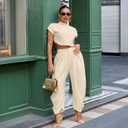 kaimimei 2 Piece Sets for Women Casual Crop Tops and Palazzo Pants (Beige, S)