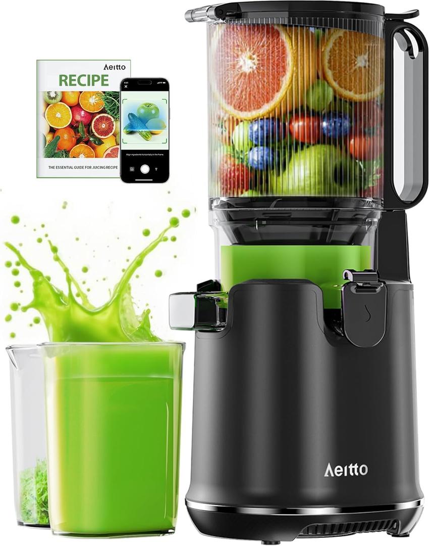 Aeitto Cold Press Juicer with 5.8" Extra Wide Mouth, Juicer Machines, Easy to Clean, Fit Whole Vegetables & Fruits, Professional Slow Masticating Juicers,Self Feeding, High Juice Yield (Black)