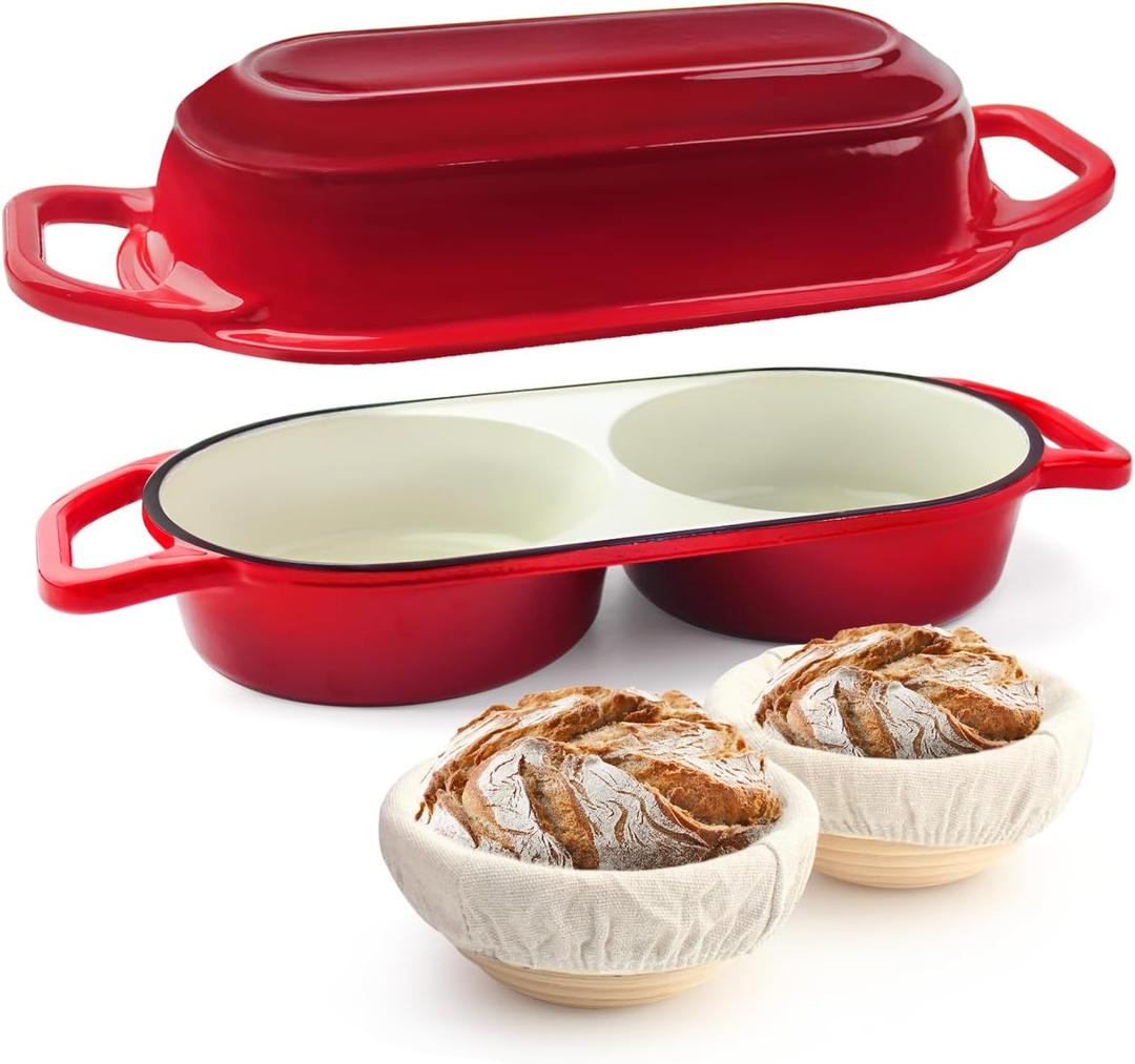 YONILL Mini Double Dutch Oven for Sourdough Bread Baking - Enameled Cast Iron Dutch Oven Pot with Lid and 5" Banneton Bread Proofing Basket Kit, Dual Round Bread Loaf Pan for Homemade Baking (Red)