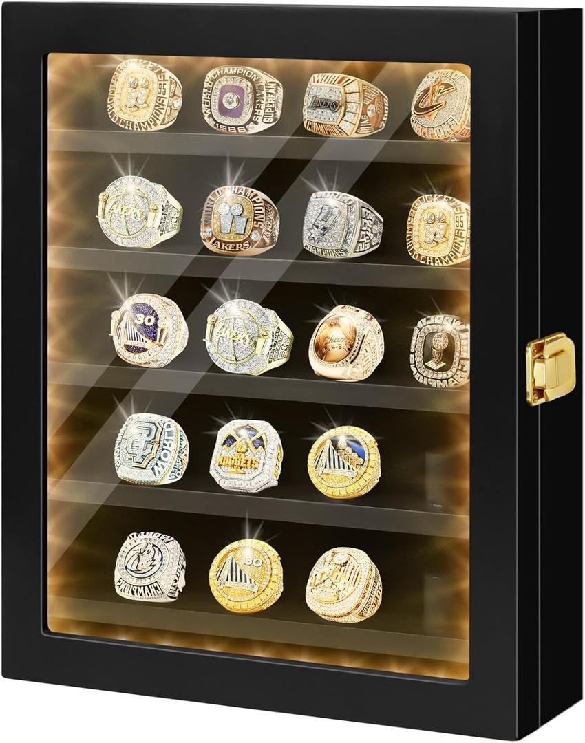 Championship Ring Display Case - 20 Ring Posts Baseball Ring Holder, Softball Ring Display Case with LED Light, Wall Mount Wooden Shadow Box for Display Sports Champion Rings - Black