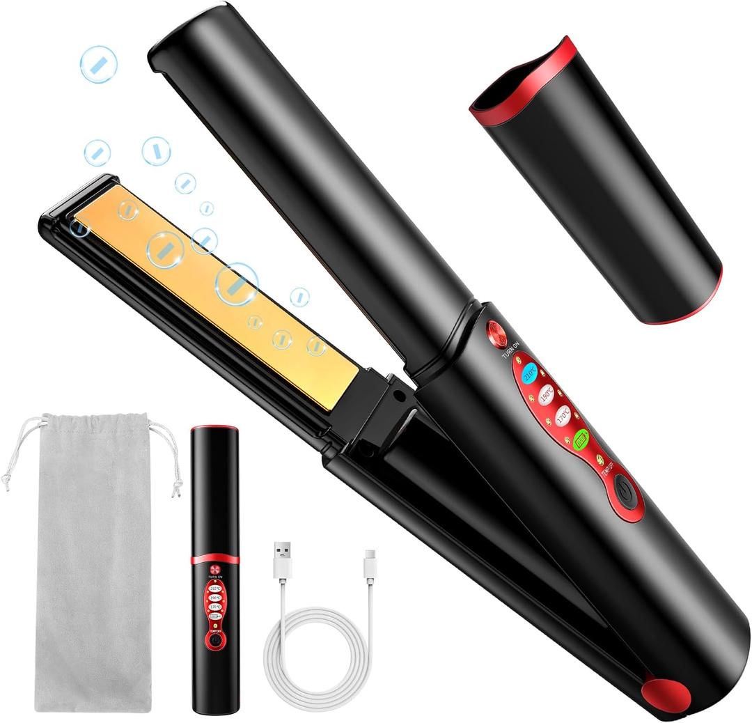 Cordless Hair Straightener and Curler for Thin Fine Hair, Mini USB Rechargeable Flat Iron with 3 Heat Settings, Titanium Plates, 50-Min Runtime, Travel Size Creates Smooth Straight or Soft Waves