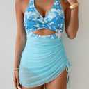 B2prity Women Mesh One Piece Swimdress Swimsuit Tummy Control V Neck Cutout Bathing Suit Wrap Drawstring Sarong Swimwear, S