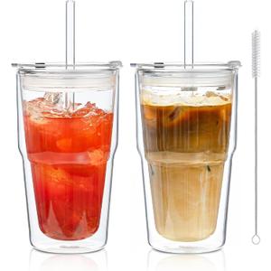 KEMORELA 16oz Clear Double Wall Drinking Glass Cups with Lids and Straws, 2 Pc Set Condensation Resistant Insulated Glass Can Tumblers for Cold Drinks,Iced Coffee,Tea,Juice and Drinks Cleaning Brush