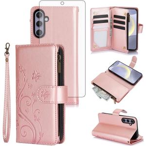 Asuwish Phone Case for Samsung Galaxy S25 FE 5G Wallet Cell Cover with Tempered Glass Screen Protector Strap Flower Flip Zipper Card Holder Slot Stand S 25 EF S25FE 25S 25FE Women Girls Rose Gold
