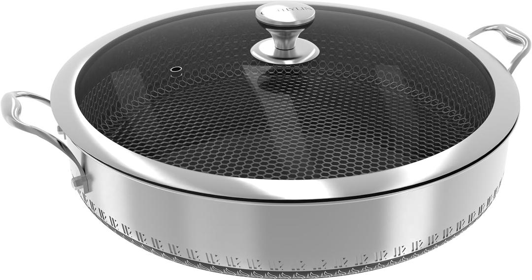 316L Stainless Steel 8QT Frying Pan Hex Nonstick Wok with Lid, Two Handle to Hold, PFOA Free, Dishwasher Oven Safe (8QT)