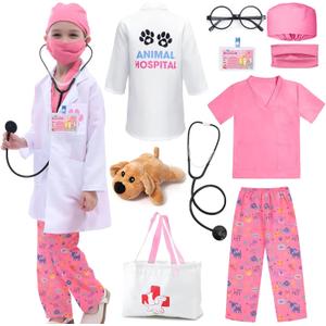 G.C Kids Veterinarian Costume Toddler Doctor Kit Scrubs Doctor Vet Costume Play Set Boys Girls Halloween Dress Up Career Day (130 (6-8Y), Pink)