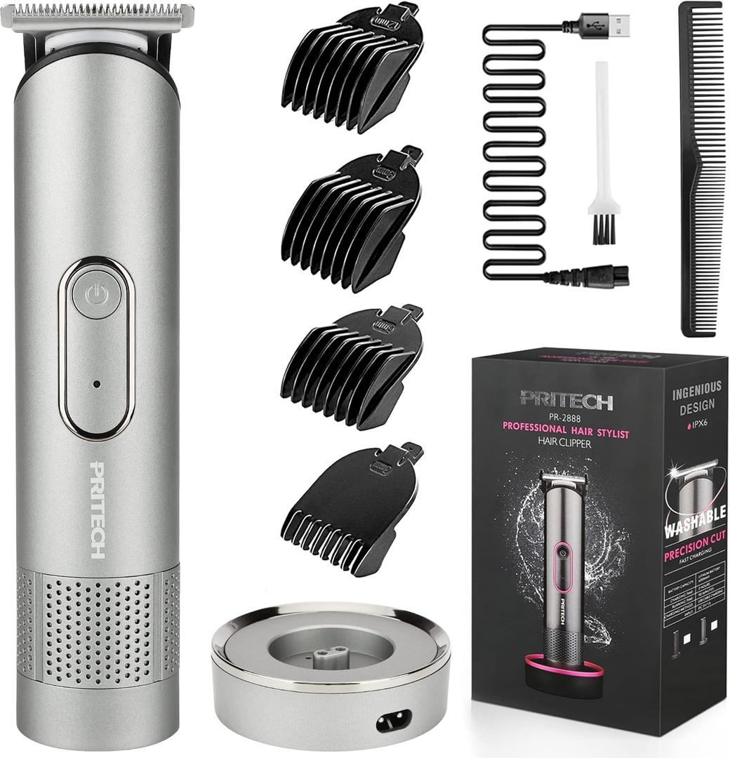 PRITECH Beard Trimmer for Men - Rechargeable Men's Electric Trimmer & Razor, Cordless Body Groomer for Face, Neck, Groin & Manscaping, Includes Standing Charging Dock, Ideal Gift for Men, Gray