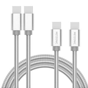 USB C Cable 2 Pack, Type C to Type C Metal Braided Charging Cable 6.6 Ft PD 65W Fast Charge Data Sync Transfer Cord (Silver)