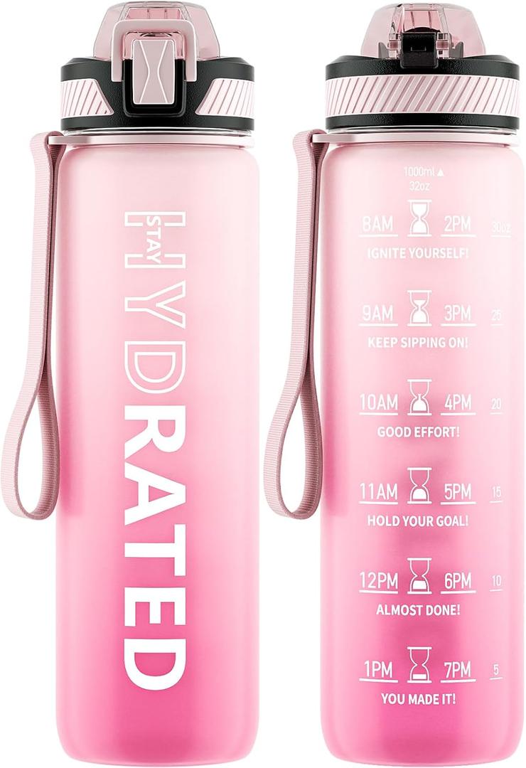 Water Bottle with Straw, 32oz Motivational Water Bottles with Time Marker to Drink, Tritan BPA Free, 1L Sports Water Bottle with Carry Strap LeakProof for Women Gym Fitness Outdoor (1 Pack) (Pink Gradient)